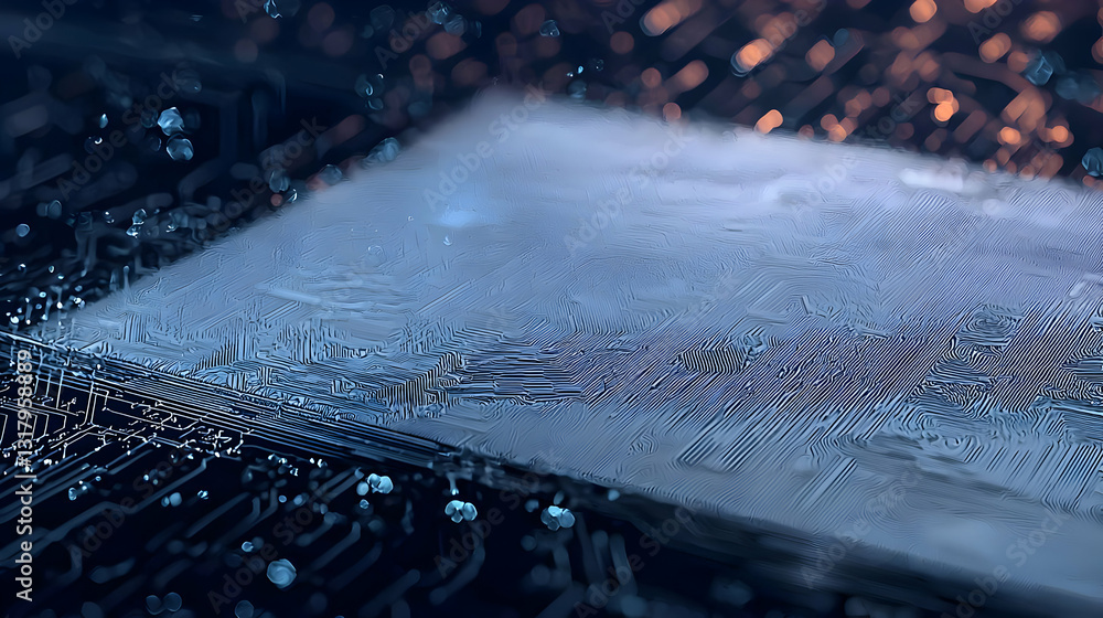 Poster futuristic blue digital data flowing over complex circuit board with dark blurred background in 3d r