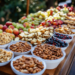 Fototapeta premium Abundant display of fruits and nuts in bowls. Natural light, outdoor setting