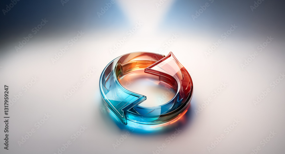 Poster a glossy circular arrow, colored in vibrant hues of blue and red, reflects light on a smooth surface