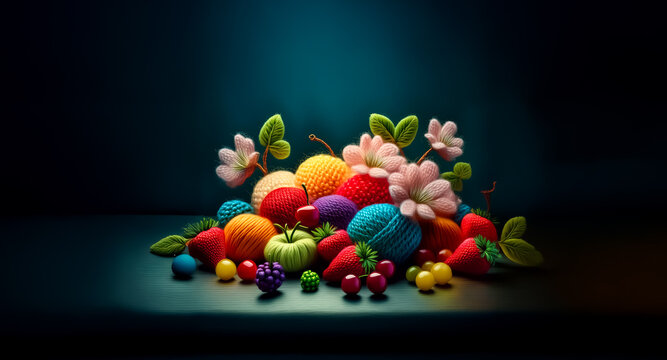 A vibrant pile of yarn balls crafted into fruits and flowers creates a colorful and whimsical scene against a dark backdrop.  A playful and creative textile art piece.