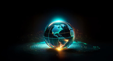 A glowing digital globe sits in the darkness, illuminated by vibrant blue and orange light. Sparks and beams of light radiate around the transparent, wireframe sphere, creating a futuristic and techno