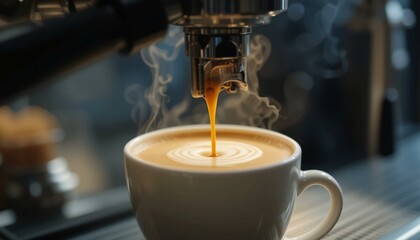 Brewed Steaming Latte from Coffee Machine.	