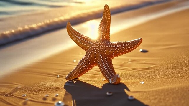 Starfish Rests Sandy Beach Sunset with Gentle Waves and Ocean Background, Warm Sunlight Highlights Intricate Patterns Starfish, Creating Serene and Tranquil Scene by Sea, Embracing Natures Marine