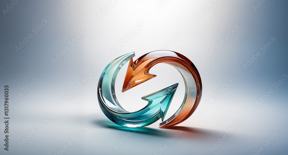 Poster glassy circular form with orange and blue arrows circling in opposite directions. reflective and smo