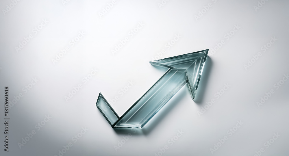 Poster a translucent glass arrow points diagonally upwards against a plain white backdrop, suggesting forwa