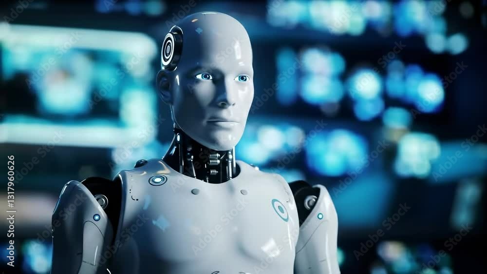 Poster realistic humanoid robot with blue eyes, advanced artificial intelligence, standing in a futuristic 