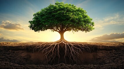 tree with branches extending upward while roots grow deeper, symbolizing balance, conceptual photography, copy space