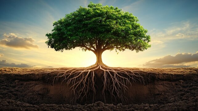 tree with branches extending upward while roots grow deeper, symbolizing balance, conceptual photography, copy space