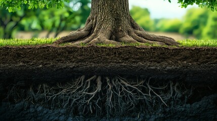 tree with branches extending upward while roots grow deeper, symbolizing balance, conceptual photography, copy space