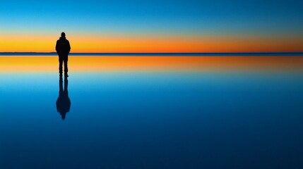 silhouette of a person standing in a calm ocean at sunrise, symbolizing inner peace, conceptual photography, copy space