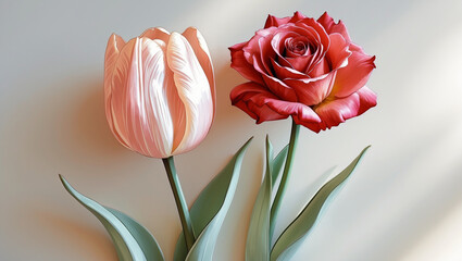 Obraz premium Pink tulip and red rose on a white background