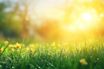 spring background with blurred green grass and sun rays.