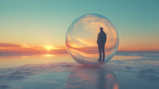 person standing inside a bubble of light, symbolizing protection from negativity, conceptual photography, copy space