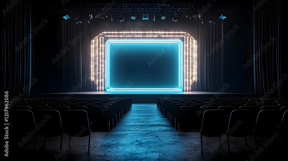 Poster modern stage design with neon lights and empty seats in a dark theater setting