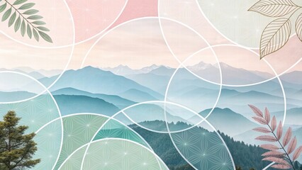 Serene Mountain Landscape with Abstract Geometric Circles Design