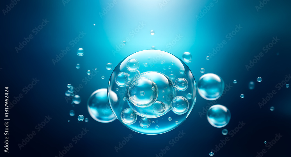 Poster a cluster of translucent spheres floats in a gradient blue space, with smaller spheres surrounding a