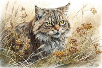 brown Siberian fluffy cat among the autumn grass in the field., watercolor style, Generative AI