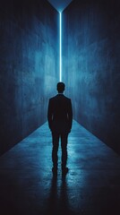 Obraz premium man standing in front of a maze with a glowing exit path, symbolizing strategic leadership, conceptual photography, copy space
