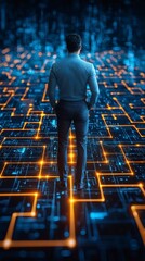 man standing in front of a maze with a glowing exit path, symbolizing strategic leadership, conceptual photography, copy space