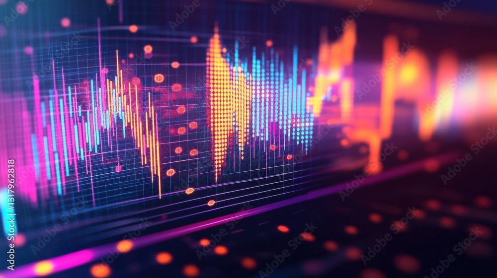 Poster vibrant digital waveform visualization displaying audio frequencies in a futuristic setting