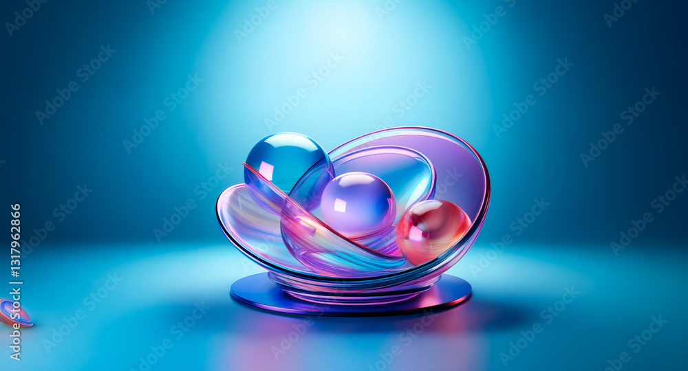 Poster iridescent bowl of layered transparent material holds shiny spheres. soft blue gradient background c