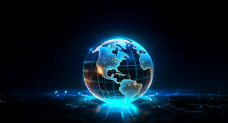 Fototapeta premium A radiant wireframe globe illuminates against a dark backdrop, emitting bright blue light. A digital representation of Earth, symbolizing global connectivity and modern technology.