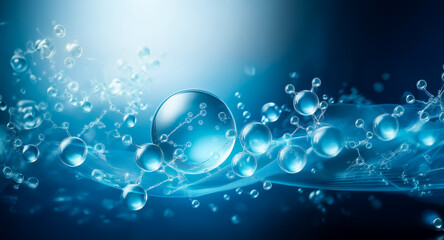 Abstract blue molecular structure with interconnected spheres and lines on a gradient backdrop. Resembles water molecules or a scientific visualization.