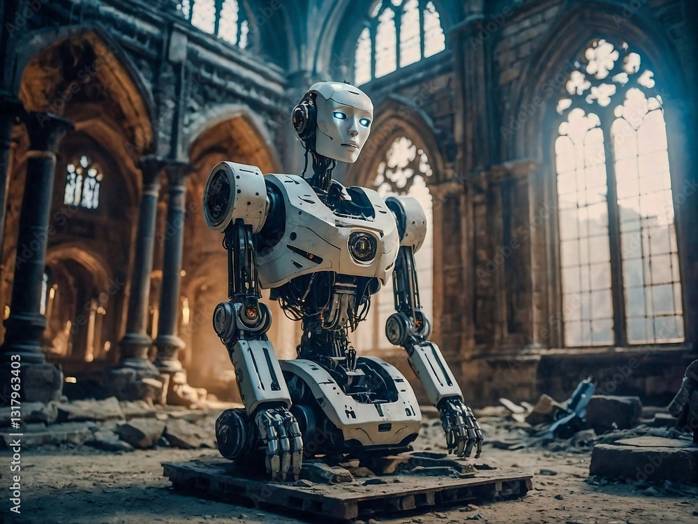 Aufkleber ai robot repairing ancient structures in a gothic setting.