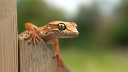 gecko perched on wooden fence, showcasing its vibrant colors and unique texture. creature large eyes and curious expression add to its charm