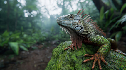 Obraz premium Iguana resting on moss covered rock in lush green forest, showcasing earthy tones and intricate details