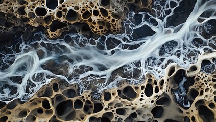 A rocky beach where water flows over the rocks, creating intricate patterns and textures.