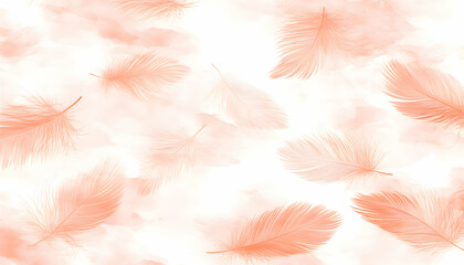 Delicate peach-toned feathers float on a soft watercolor background, creating a serene and airy aesthetic. Perfect for designs needing a gentle, dreamy feel.
