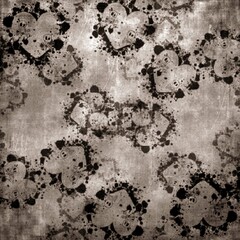 Neutral sepia skull-heart grunge pattern with ink splatters. Dark alternative seamless design ideal for gothic themes, Halloween graphics, and punk-style art projects.