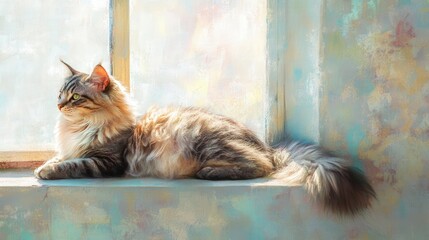 Majestic Maine Coon Cat Relaxing by the Window in Sunny Light