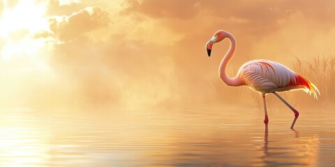Elegant flamingo walking through misty water at dawn nature scene serene environment