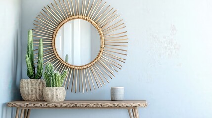 Sunburst Mirror with Cactus Plants and Candle on Console Table - Modern Home Decor