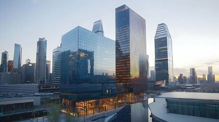 Obraz premium Modern Cityscape With Glass Buildings Under Cloudy Sunset Sky Emphasizing Reflection And Geometric Architecture