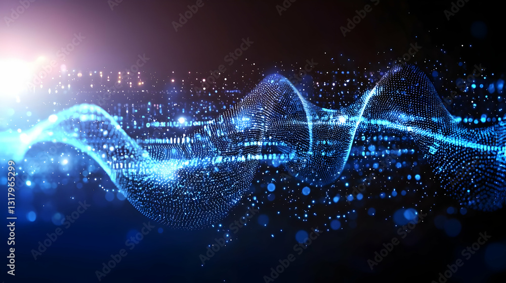 Poster abstract blue wavy particle stream with sparkling light effect on dark background digital technology