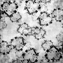 Distressed black-and-white heart pattern with grunge splatters and subtle skulls. Ideal for gothic art, rock-themed designs, and dark scrapbook projects.