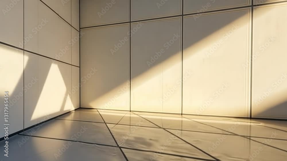 Poster sunlit empty room with tiled walls and floor casting geometric shadows in minimalist interior, creat