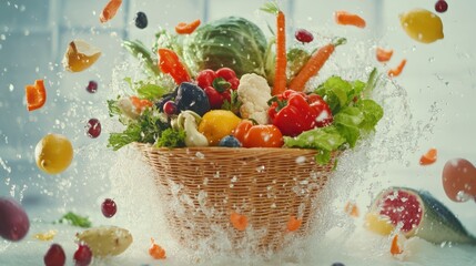 Fresh produce basket splash, kitchen background, healthy food, recipe website
