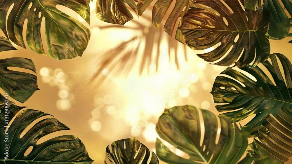 Poster tropical monstera leaves frame with golden bokeh background creating serene and inviting atmosphere 