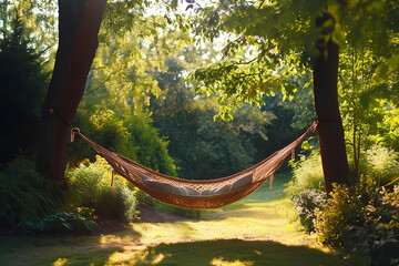 Cozy hammock suspended in a lush garden setting offers tranquil outdoor relaxation and escape today
