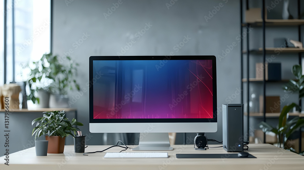 Poster modern home office desk setup with computer monitor displaying gradient colors plants and desk acces