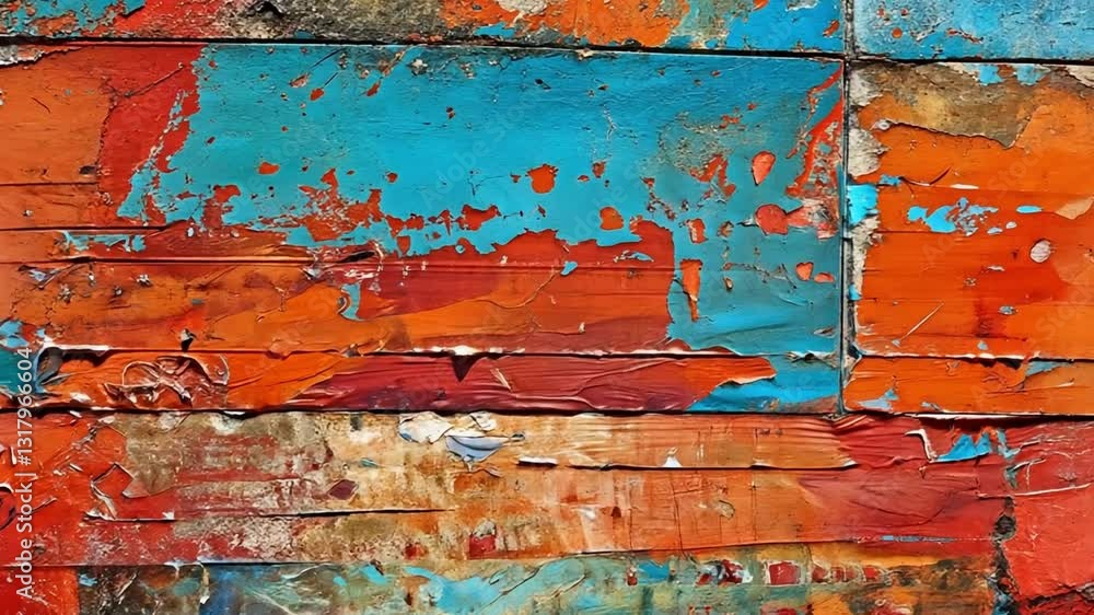 Poster vibrant abstract painting with layers of peeling paint blue, orange, and red textures creating dynam