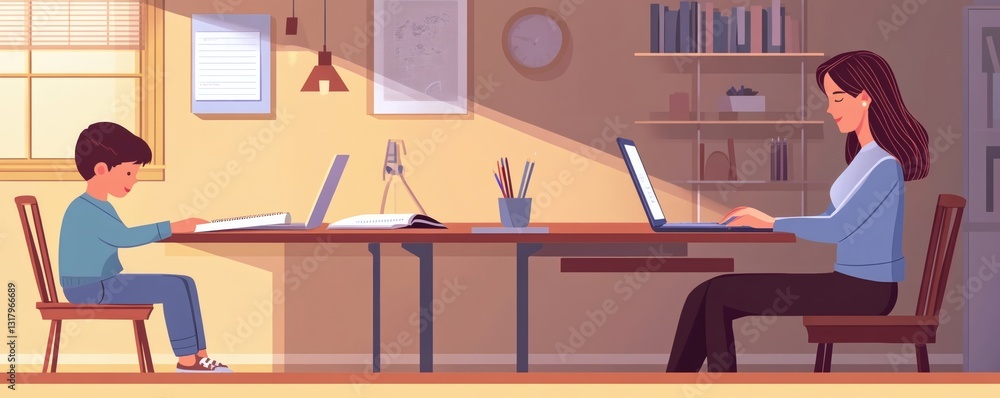 Poster a mother and son work at a table with computers