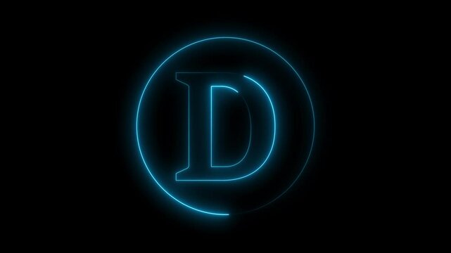 Animation of neon capital letter D on black background. Cyan color letter animation
