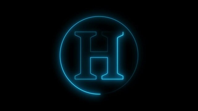 Animation of neon capital letter H on black background. Cyan color letter animation