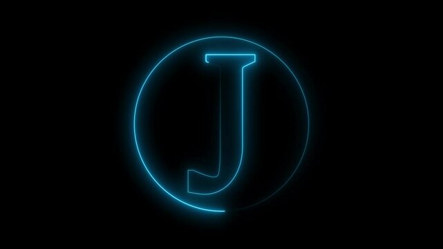 Animation of neon capital letter J on black background. Cyan color letter animation