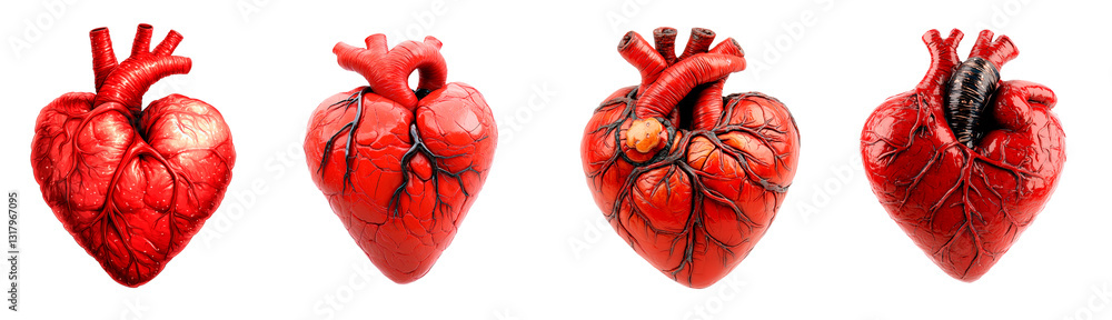 Poster set of 3d anatomical heart model showing detailed structure of vessels isolated on transparent backg